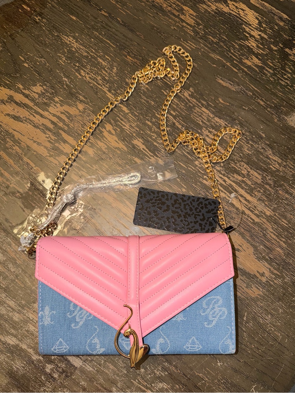 NWT Baby Phat Denim & Pink Chevron Quilted Crossbody Wallet On Chain